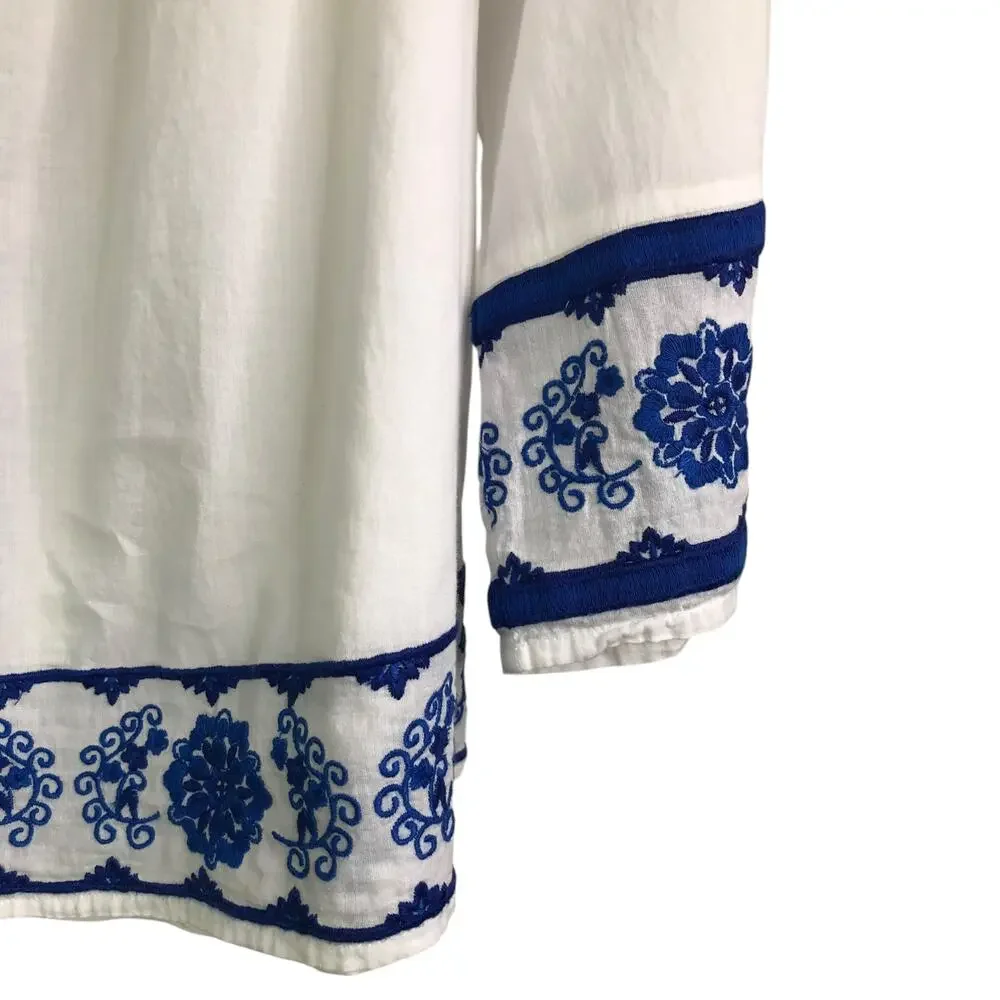 Love Sam Wns Boho Top White One Sz Embroidered Blue Floral‎ Elastic Off Shoulder